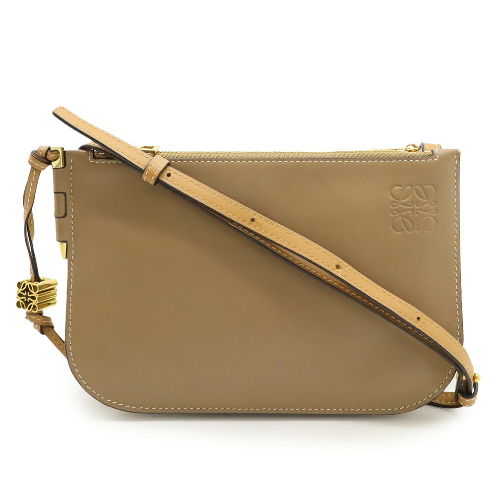 Loewe Anagram Gate Double Zip Pouch Clutch Shoulder Bag Leather Greige Gray Oats